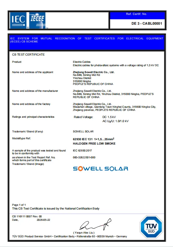 SOWELLSOLAR Kable fotovoltaikoek TÜV SÜD IECEE-CB Ziurtagiriaren Aitorpena jaso dute
